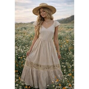 Mia Joy Lace Trimmed Maxi Dress Beige Boho Prairie Cottagecore Size XS NWT